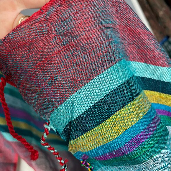 Long Striped Scarf Woven Sparkle Fringe Boho Metallic 82" x 28.5" Green Purple - Picture 11 of 11